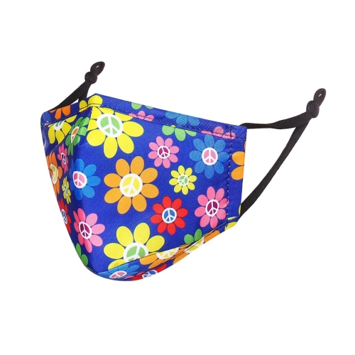 A navy reusable face mask for children with different coloured flowers and "peace" logos all over it